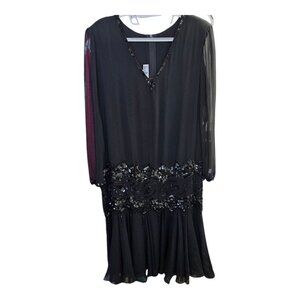 Jack Bryan Beaded Drop Waist Black Cocktail Dress Vintage Style